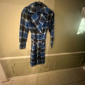 Aqua Blue and Black Plaid Outerwear